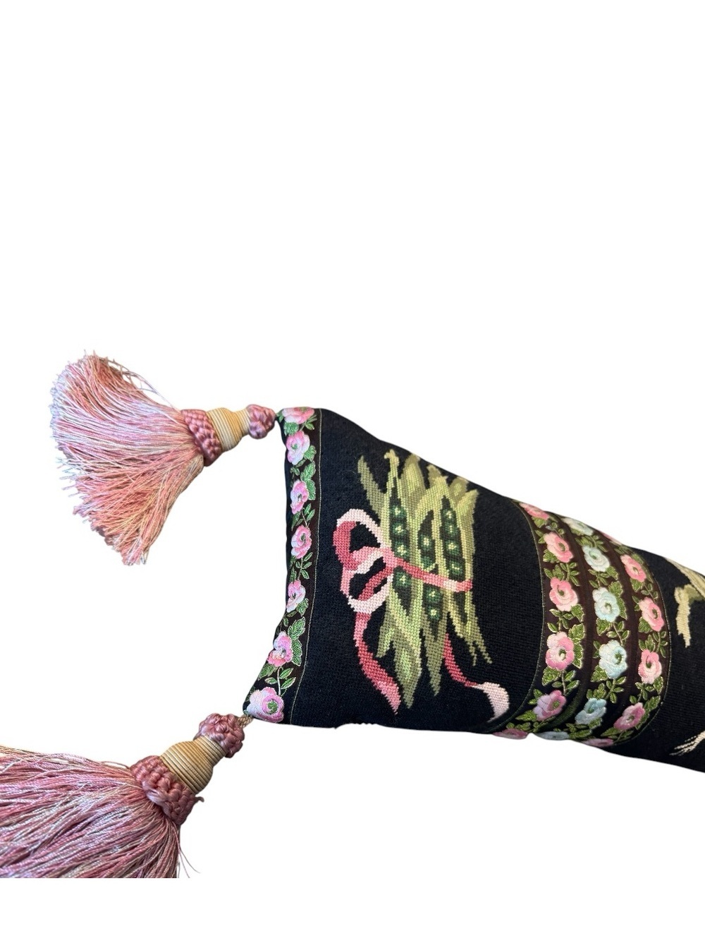 Embroidered Floral Bolster Pillow with Tassels - Botanical Garden Cottagecore - Picture 3 of 8
